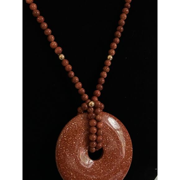 Handmade Orange Goldstone Necklace, 15.5in, Goldtone Accents and a Crystal Donut - Picture 3 of 8
